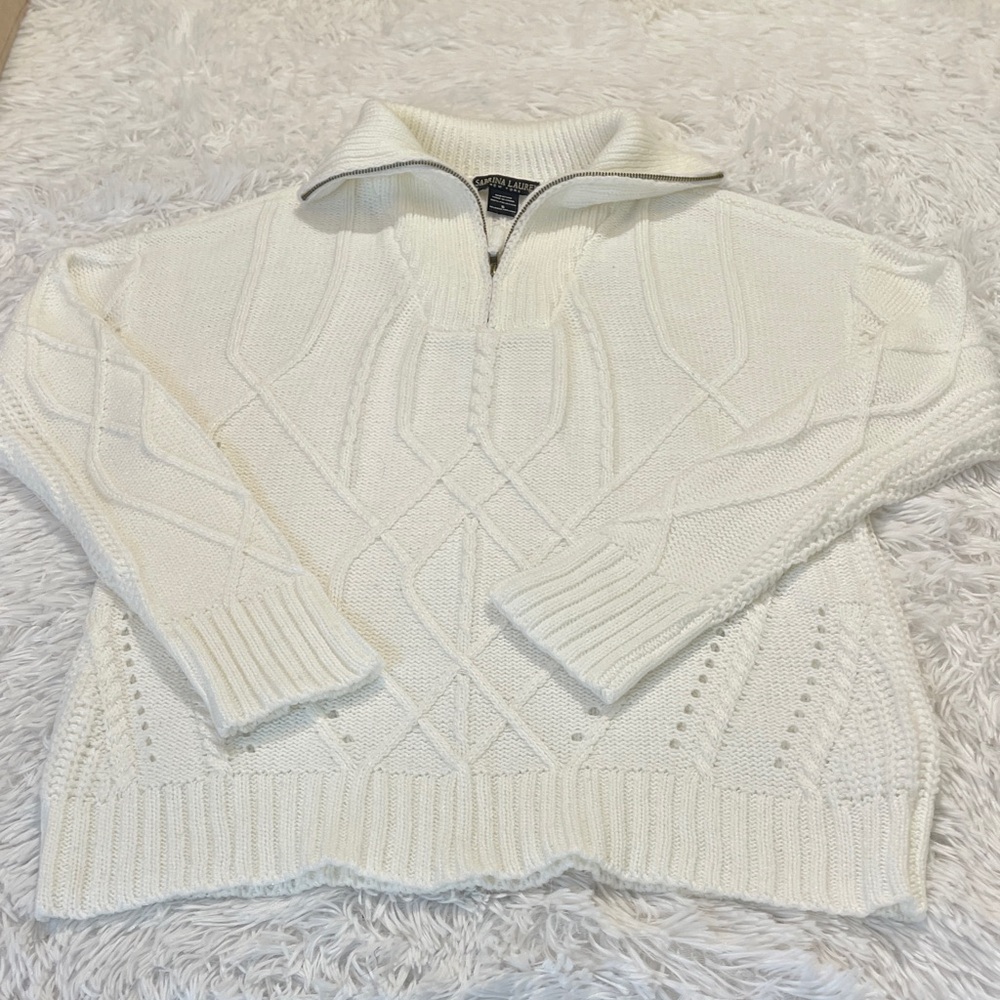 SABRINA LAUREN NEW YORK Women's White Cable Knit Sweater SIZE S 1/4 ZIP